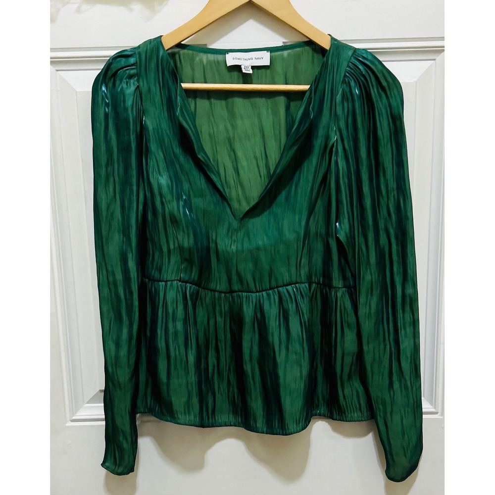Something Navy Green Peplum Blouse XXS Long Sleeve V Neck Party Top